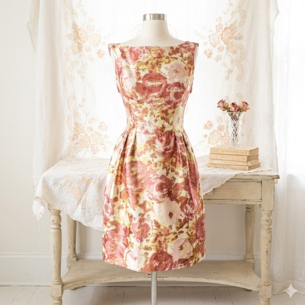 Vintage 50s  Party Dress Metallic Brocade Jacquard Mid Century